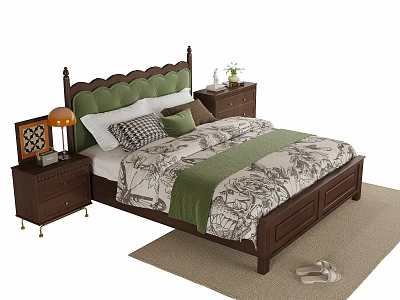 Double Bed With Dark Wooden Frame Green Scalloped Headboard Pillows And Botanical Quilt 3d model