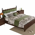 Double Bed With Dark Wooden Frame Green Scalloped Headboard Pillows And Botanical Quilt