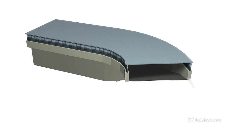 Curved Gray Base Structure With Blue Top And Open Bottom Design 3d model