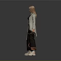 Stylish Woman With Blonde Hair Wearing Gray Coat Purple Top Black Pants And White Shoes