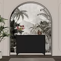 Modern Elegant Entryway Interior With Black Console Table Palm Tree Wallpaper And Potted Plant