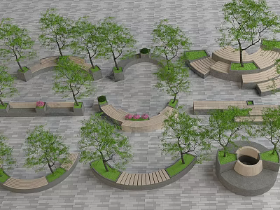 Outdoor Landscape Seats With Circular Wooden Benches Green Trees And Paved Ground 3d model