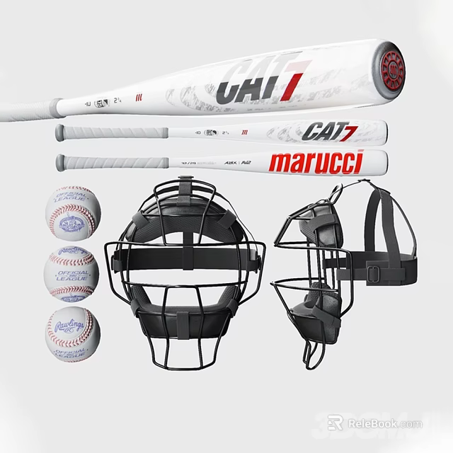 Baseball Sports Equipment Set With Metal Bats Leather Balls And Protective Masks 3d model 