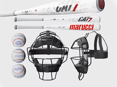 Baseball Sports Equipment Set With Metal Bats Leather Balls And Protective Masks 3d model