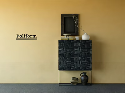 Poliform Entryway Cabinet Sideboard With Geometric Pattern And Decorative Vases On Yellow Wall 3d model