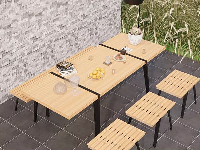 Wooden Outdoor Chairs With Matching Table And Garden Plants Near Brick Wall 3d model