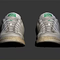 White Worn Classic Sneakers With Green Accents And Lace Up Design