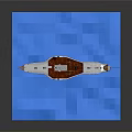 Scale Model Wooden Boat With White Hull Brown Deck On Blue Water Surface