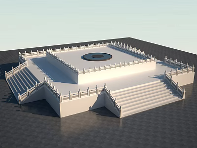 Ancient Architectural Square Platform With White Railings Circular Center And Stairs 3d model