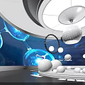 Modern Tech Exhibition Hall With Curved Screen Blue Planet Graphics And Spherical Installation 3d model