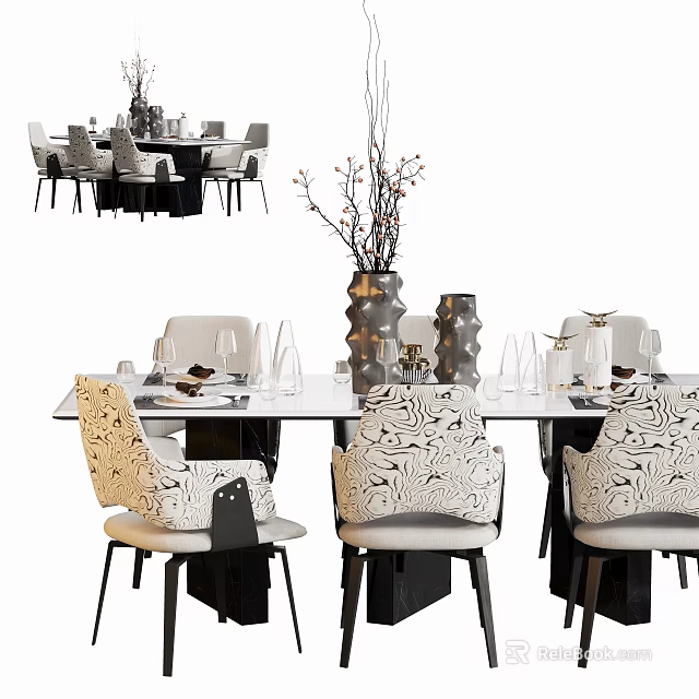 Elegant Dining Table Set with Glass Top Patterned Chairs Vases Wine Glasses and Tableware 3d model
