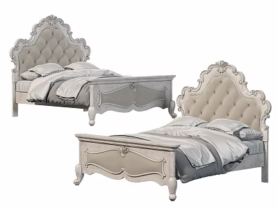Vintage Single Bed With Button Tufted Carved Upholstered Headboard And Light Bedding 3d model