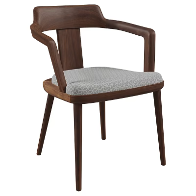 Modern Minimalist Dining Chair With Curved Walnut Armrests And Light Gray Patterned Upholstered Seat 3d model
