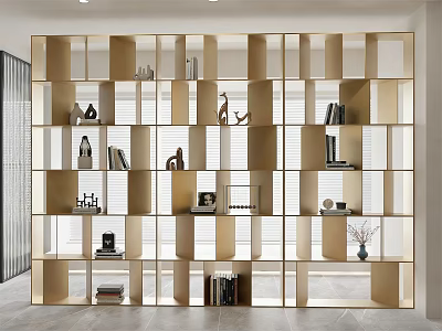 Modern Open Grid Bookshelf With Books Decorative Sculptures And Vases In Bright Room 3d model