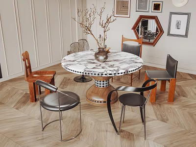 Elegant Round Marble Dining Table Set With Mixed Chairs Dried Branch Decoration And Wall Art 3d model