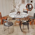 Elegant Round Marble Dining Table Set With Mixed Chairs Dried Branch Decoration And Wall Art