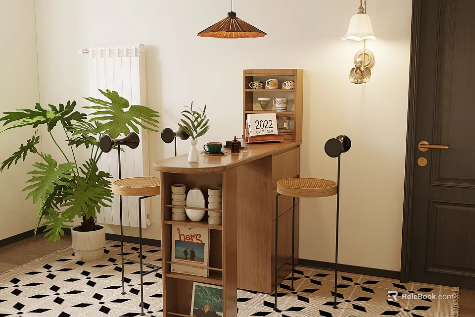 Warm Wooden Bar Counter With Stools Green Plants Calendar Cups And Decorative Lights 3d model 