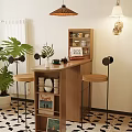 Warm Wooden Bar Counter With Stools Green Plants Calendar Cups And Decorative Lights