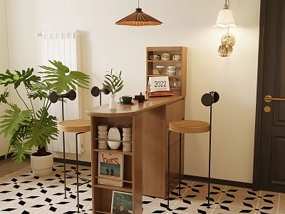 Warm Wooden Bar Counter With Stools Green Plants Calendar Cups And Decorative Lights 3d model