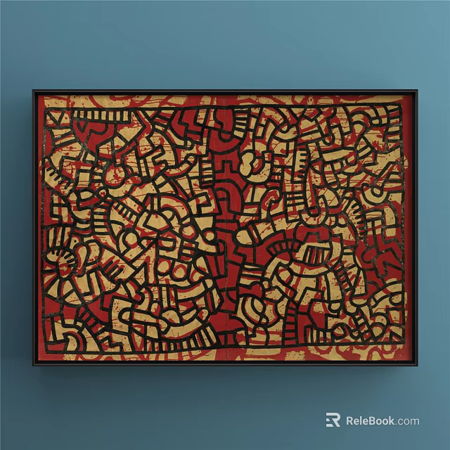 Intricate Abstract Painting With Red Black And Golden Patterns On Blue Wall 3d model 