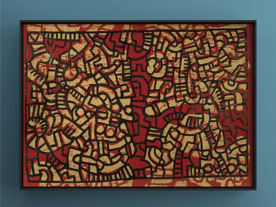 Intricate Abstract Painting With Red Black And Golden Patterns On Blue Wall 3d model