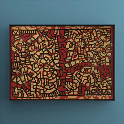 Intricate Abstract Painting With Red Black And Golden Patterns On Blue Wall 3d model