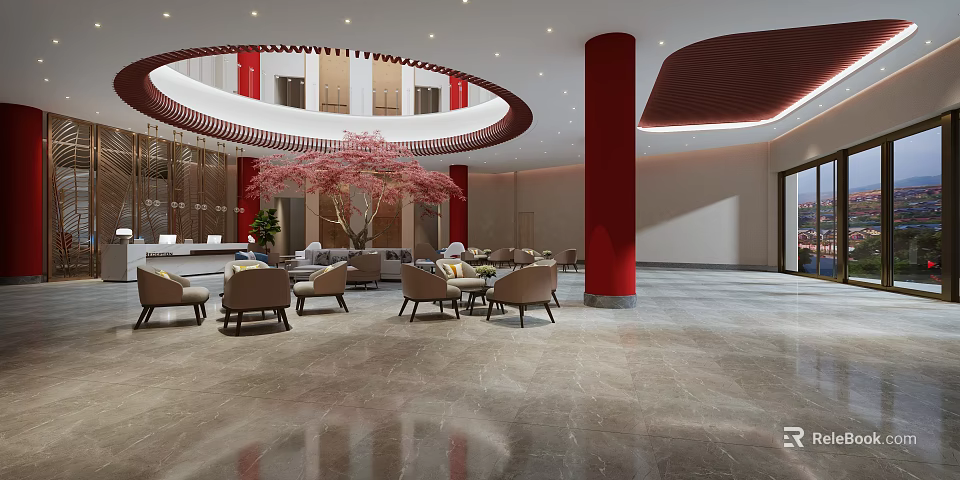 Hotel Lobby Interior Design with Circular Decor Red Pillars Pink Tree and Marble Floor 3d model