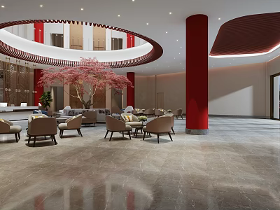 Hotel Lobby Interior Design with Circular Decor Red Pillars Pink Tree and Marble Floor 3d model