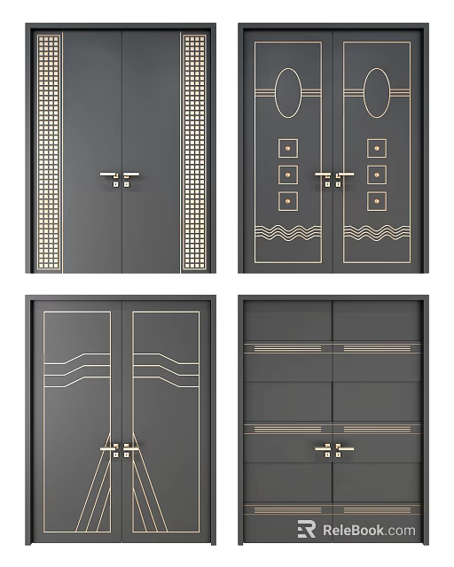Stylish Double Doors with Decorative Patterns Metallic Accents and Elegant Lines 3d model 