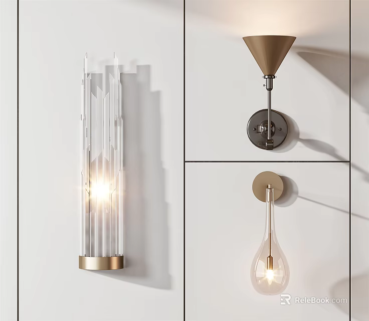 Stylish Wall Sconces with Glass Shade and Metal Base in Modern Cylindrical Conical and Pendant Designs 3d model 