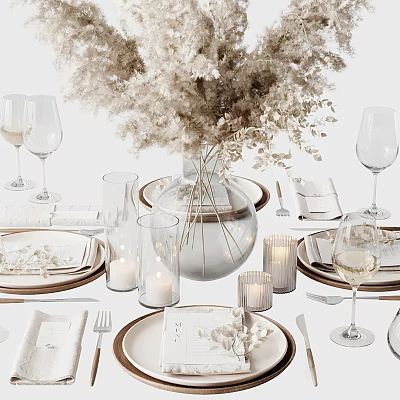 Elegant Tableware Set With Dried Flower Centerpiece Wine Glasses Candles And Stylish Napkins 3d model