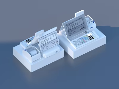 Two White Cash Registers With Digital Display Screens Keypad And Receipt Printers For Home Use 3d model