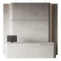 Minimalist White Reception Desk With Gray Wall Upper Cabinets And Reception Sign