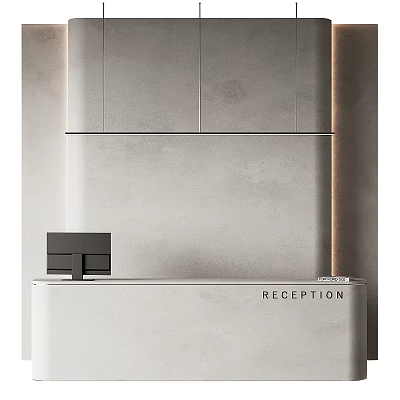 Minimalist White Reception Desk With Gray Wall Upper Cabinets And Reception Sign 3d model