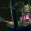 Cartoon Fantasy Forest Scene with Glowing Pink Dome Pavilion Stone Path and Trees