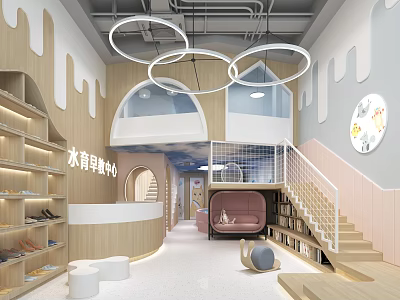 Kindergarten Interior With Wooden Elements Open Space Circular Pendant Lights Staircase And Bookshelves 3d model