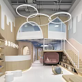 Kindergarten Interior With Wooden Elements Open Space Circular Pendant Lights Staircase And Bookshelves
