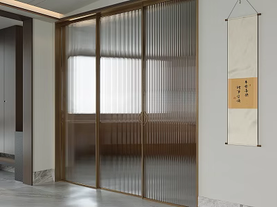 Copper Sliding Door With Vertical Stripes In Interior Room And Scroll Painting With Chinese Characters 3d model