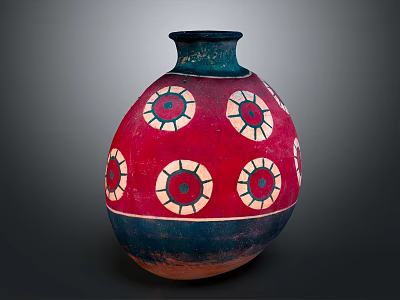 Traditional Red Ceramic Vase With Blue And White Circular Decorative Patterns 3d model