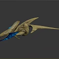 Futuristic Cosmic Spaceship with Golden Body and Blue Wing Structure in Aerospace Design
