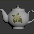 White Ceramic Teapot With Green Floral Pattern And Golden Trim Design