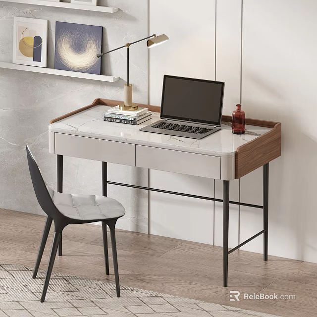 Modern Home Desk With Marble Top Wood Frame Metal Legs Laptop Books And Lamp 3d model 