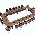 Rectangular Wooden Conference Table Featuring Brown Leather Chairs And Built-in Devices 3d model
