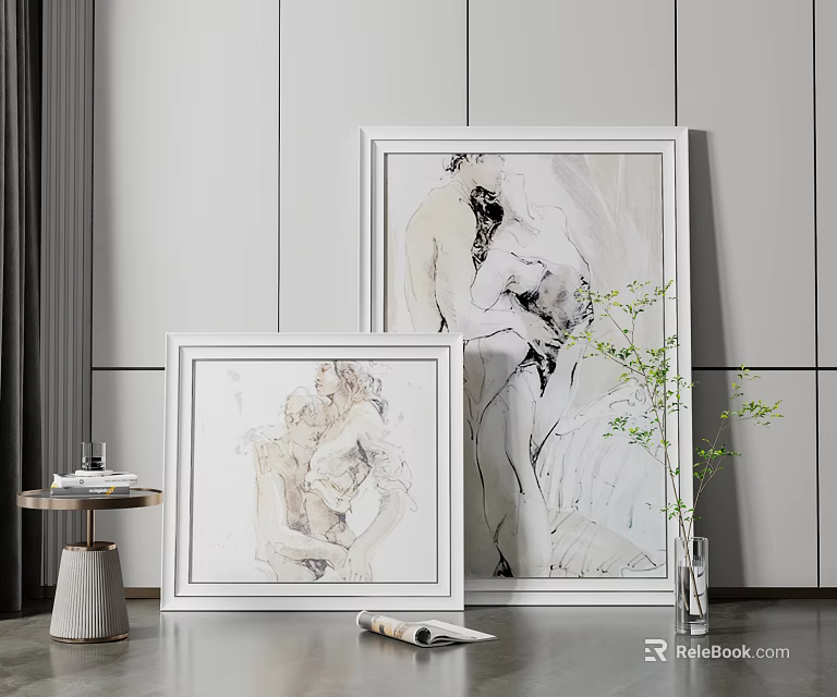Minimalist Interior With White Framed Sketched Artworks Green Plant And Decorative Table 3d model 