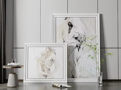 Minimalist Interior With White Framed Sketched Artworks Green Plant And Decorative Table 3d model