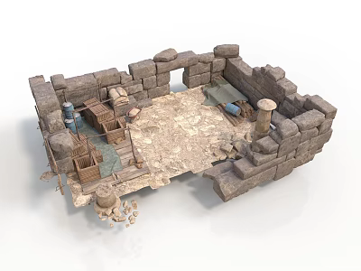 Modern Stone Walled Square Interior Space With Wooden Furniture Clay Pots And Stone Pillars 3d model
