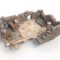 Modern Stone Walled Square Interior Space With Wooden Furniture Clay Pots And Stone Pillars
