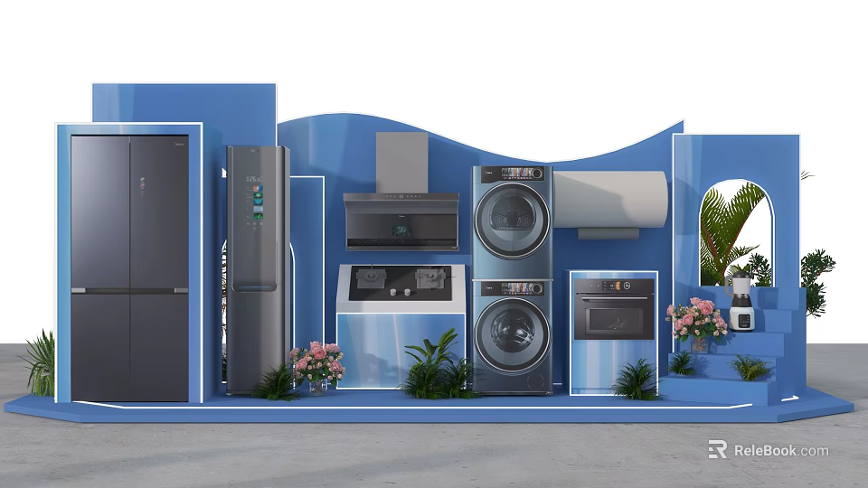 Home Appliances Display In Blue Themed Exhibition With Green Plants And Decorative Flowers 3d model 