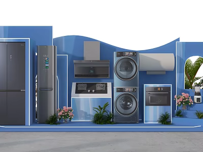 Home Appliances Display In Blue Themed Exhibition With Green Plants And Decorative Flowers 3d model