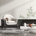 Modern White Single Sofa With Wooden Legs And Green Plant By Fireplace